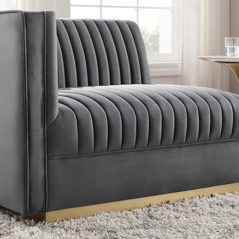 Sofa modulaire en velours performant capitonné Sanguine Channel, section fauteuil à accoudoir gauche