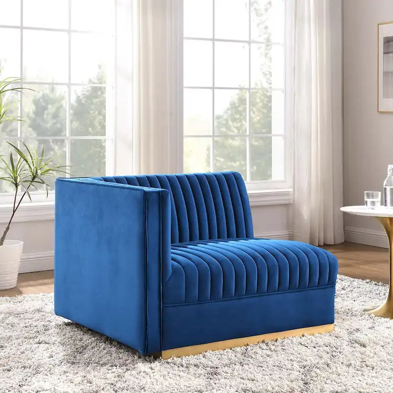 Sofa modulaire en velours performant capitonné Sanguine Channel, section fauteuil à accoudoir gauche