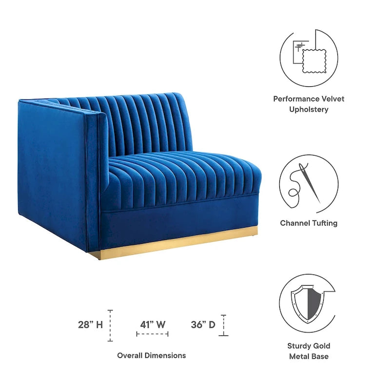 Sofa modulaire en velours performant capitonné Sanguine Channel, section fauteuil à accoudoir gauche