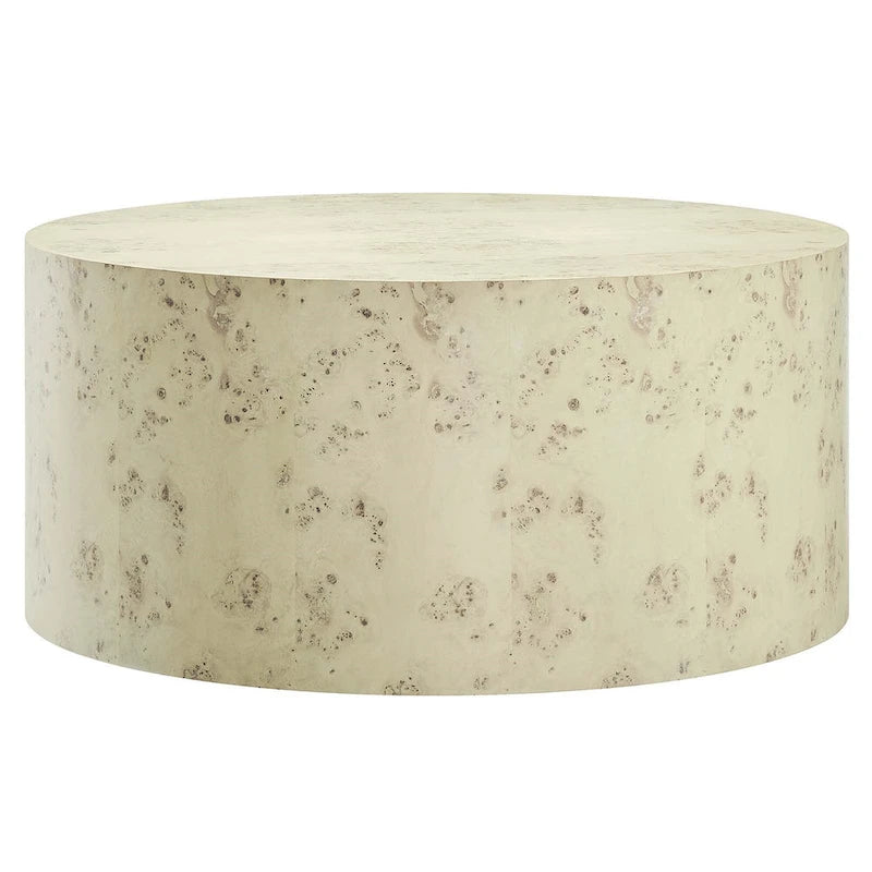 Table basse ronde Penrod en loupe de bois de style mid-century