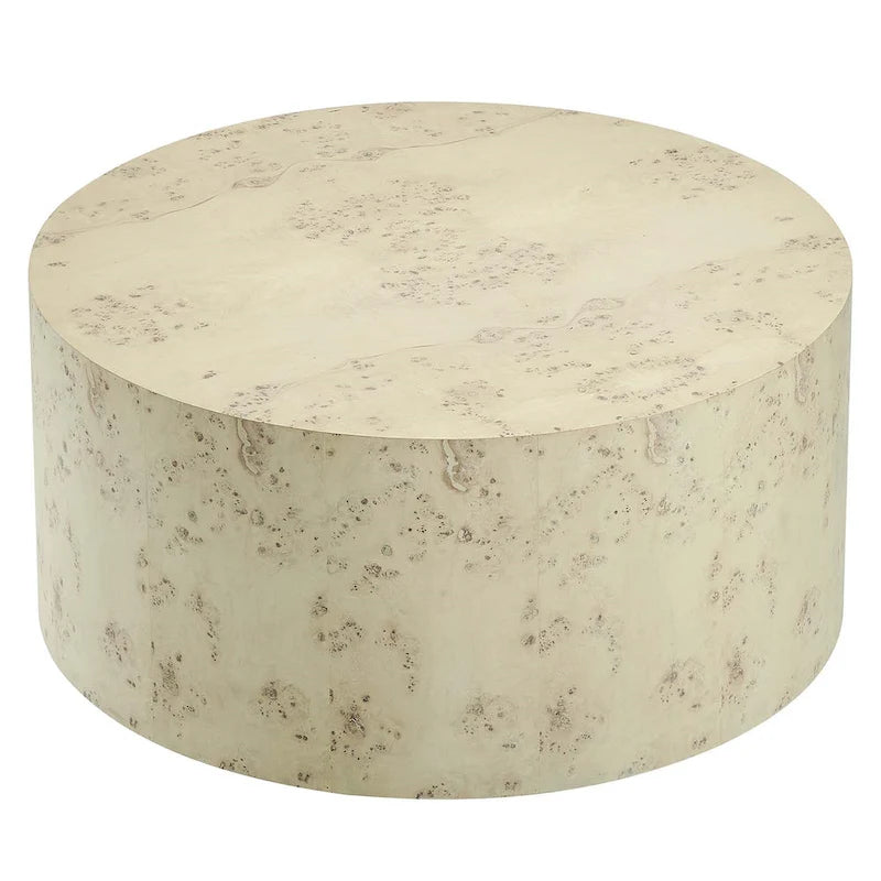Table basse ronde Penrod en loupe de bois de style mid-century