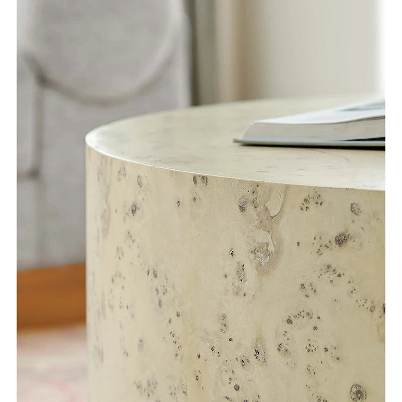 Table basse ronde Penrod en loupe de bois de style mid-century