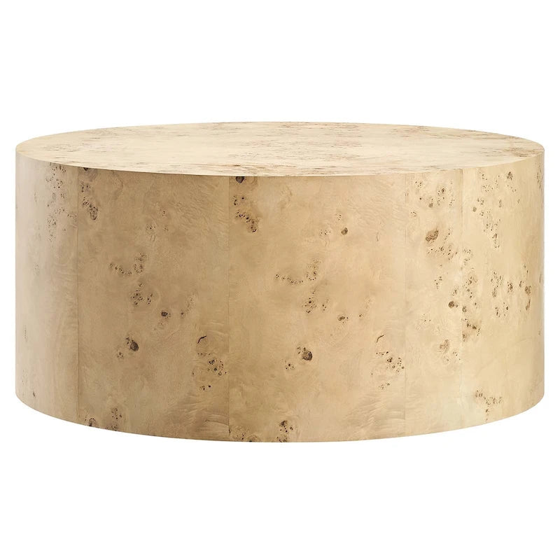 Table basse ronde Penrod en loupe de bois de style mid-century