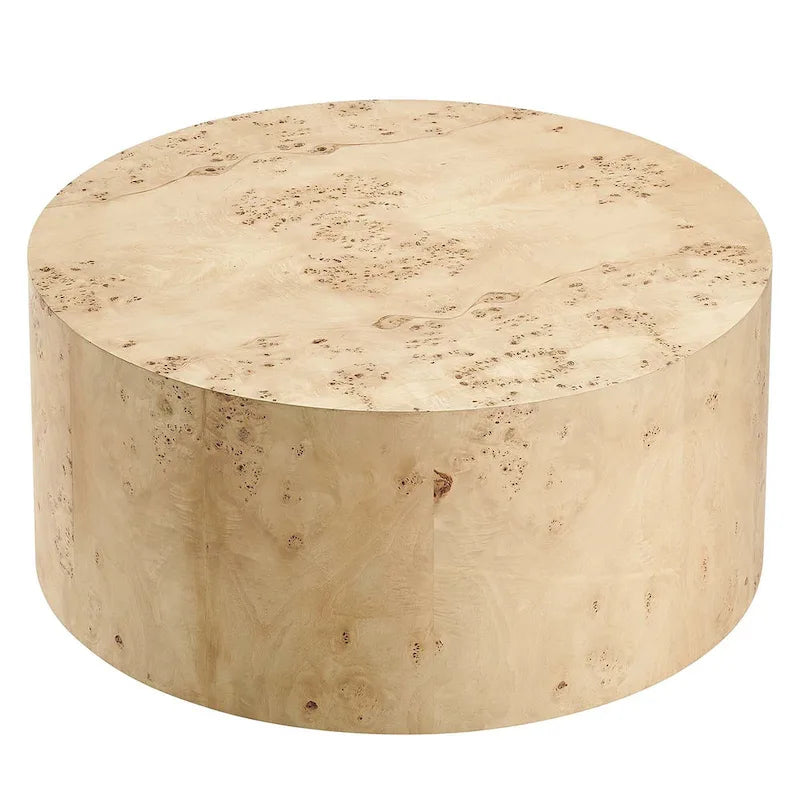 Table basse ronde Penrod en loupe de bois de style mid-century
