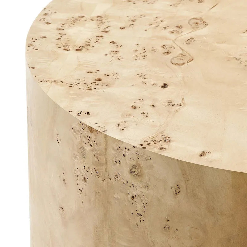 Table basse ronde Penrod en loupe de bois de style mid-century