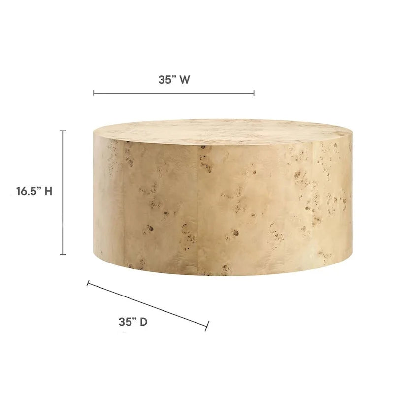 Table basse ronde Penrod en loupe de bois de style mid-century