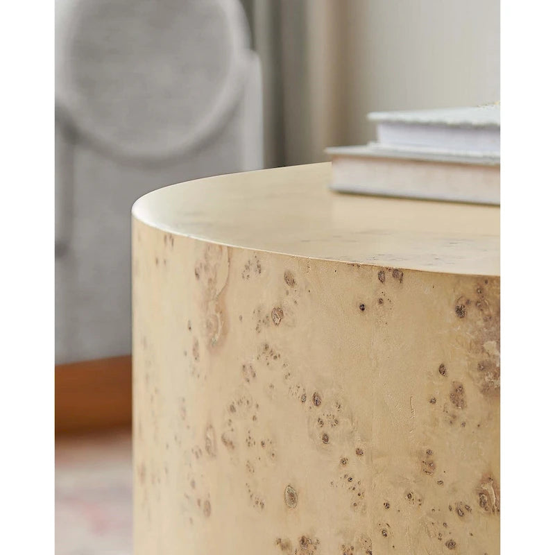 Table basse ronde Penrod en loupe de bois de style mid-century