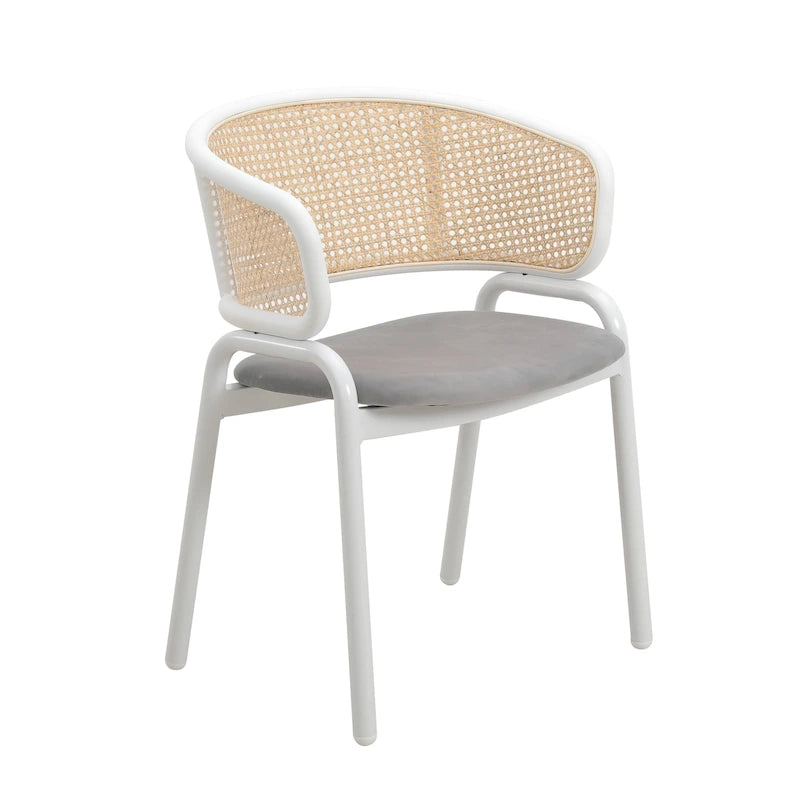 Chaise d'appoint Ervilla moderne et élégante avec dossier en rotin et pieds en acier blanc pour salle à manger et cuisine