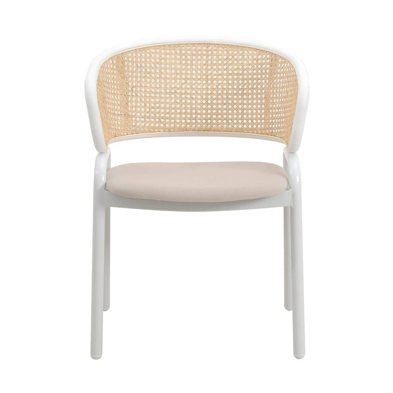 Chaise d'appoint Ervilla moderne et élégante avec dossier en rotin et pieds en acier blanc pour salle à manger et cuisine