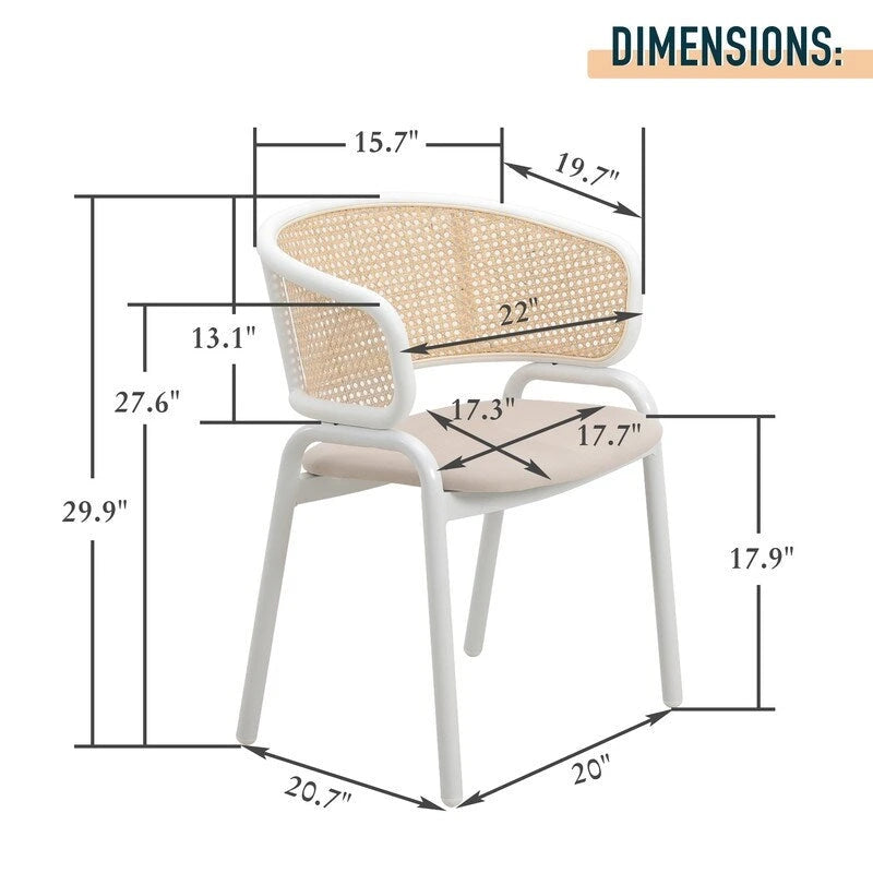Chaise d'appoint Ervilla moderne et élégante avec dossier en rotin et pieds en acier blanc pour salle à manger et cuisine