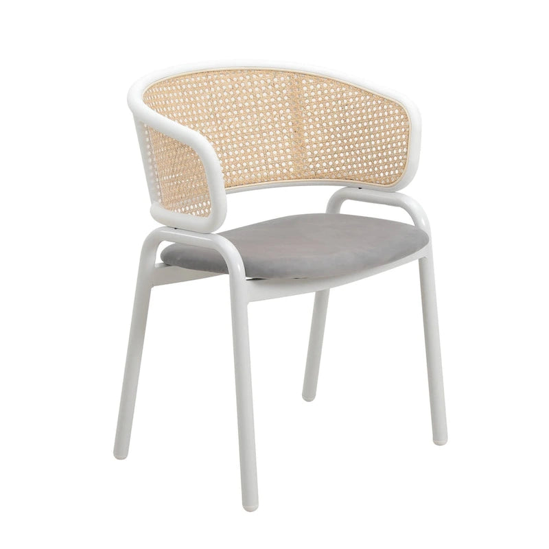 Chaise d'appoint Ervilla moderne et élégante avec dossier en rotin et pieds en acier blanc pour salle à manger et cuisine