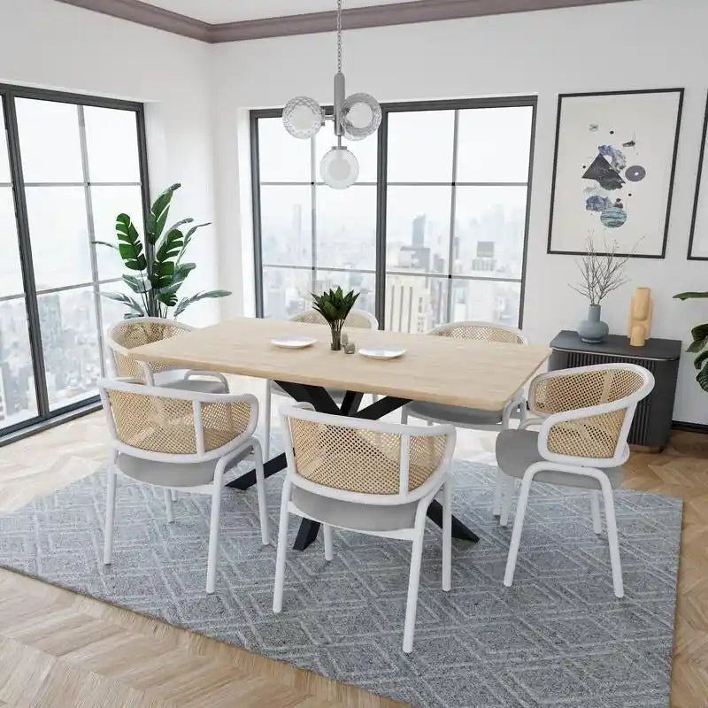 Chaise d'appoint Ervilla moderne et élégante avec dossier en rotin et pieds en acier blanc pour salle à manger et cuisine