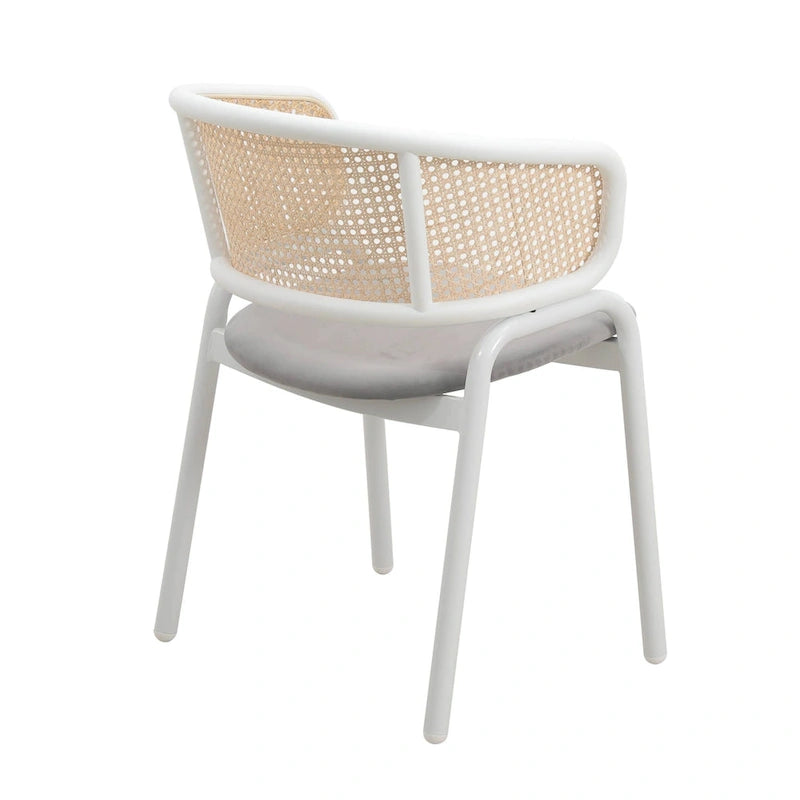 Chaise d'appoint Ervilla moderne et élégante avec dossier en rotin et pieds en acier blanc pour salle à manger et cuisine