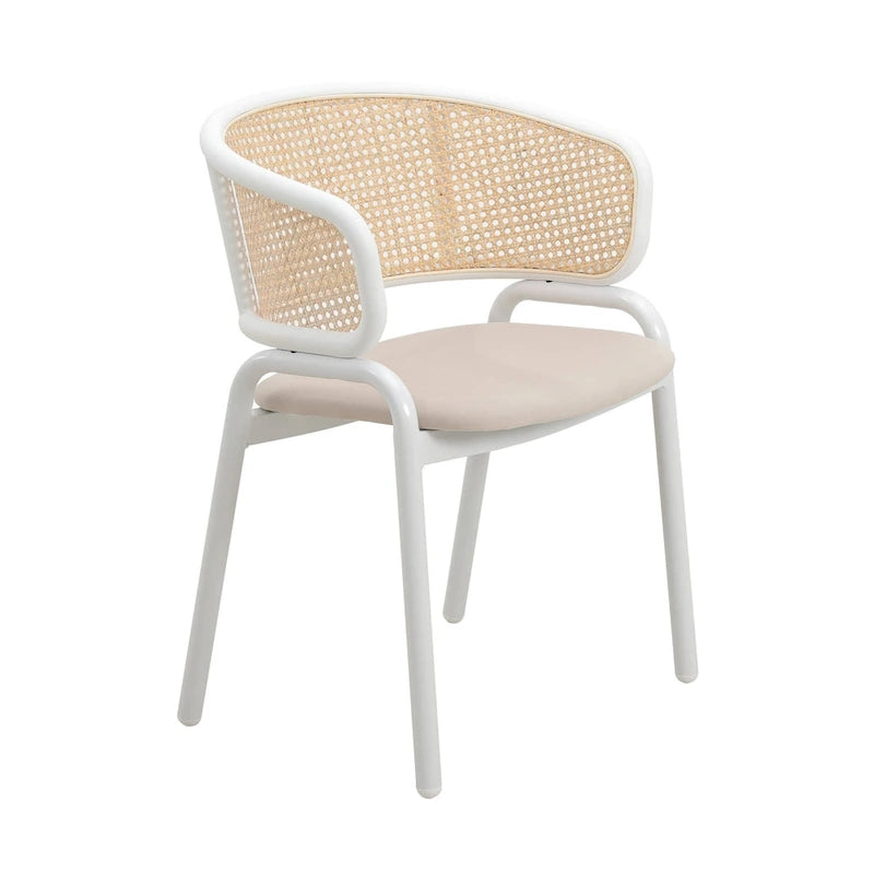Chaise d'appoint Ervilla moderne et élégante avec dossier en rotin et pieds en acier blanc pour salle à manger et cuisine