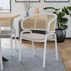 Chaise d'appoint Ervilla moderne et élégante avec dossier en rotin et pieds en acier blanc pour salle à manger et cuisine