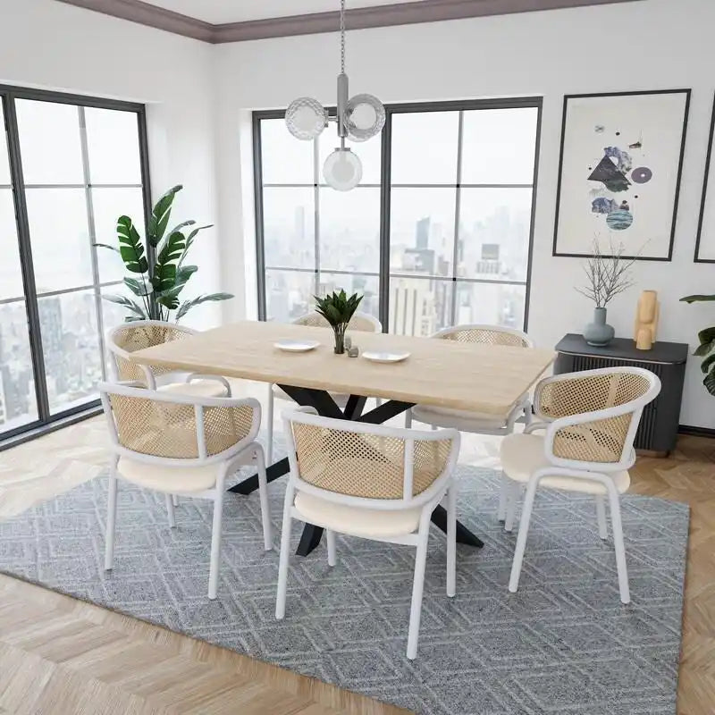Chaise d'appoint Ervilla moderne et élégante avec dossier en rotin et pieds en acier blanc pour salle à manger et cuisine