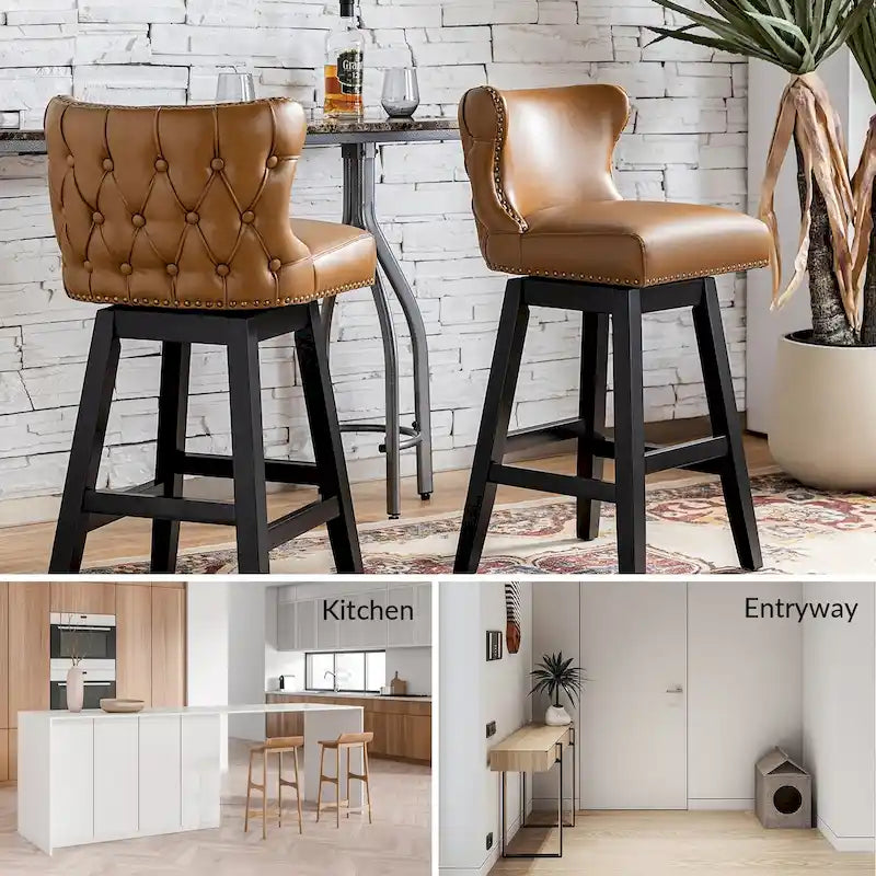 Tabouret de bar pivotant à 360 degrés, capitonné avec garniture cloutée et dossier haut traditionnel