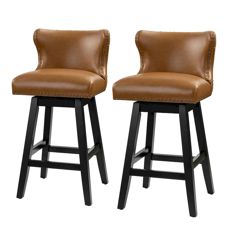 Tabouret de bar pivotant à 360 degrés, capitonné avec garniture cloutée et dossier haut traditionnel