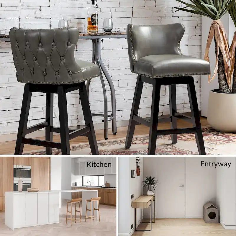 Tabouret de bar pivotant à 360 degrés, capitonné avec garniture cloutée et dossier haut traditionnel