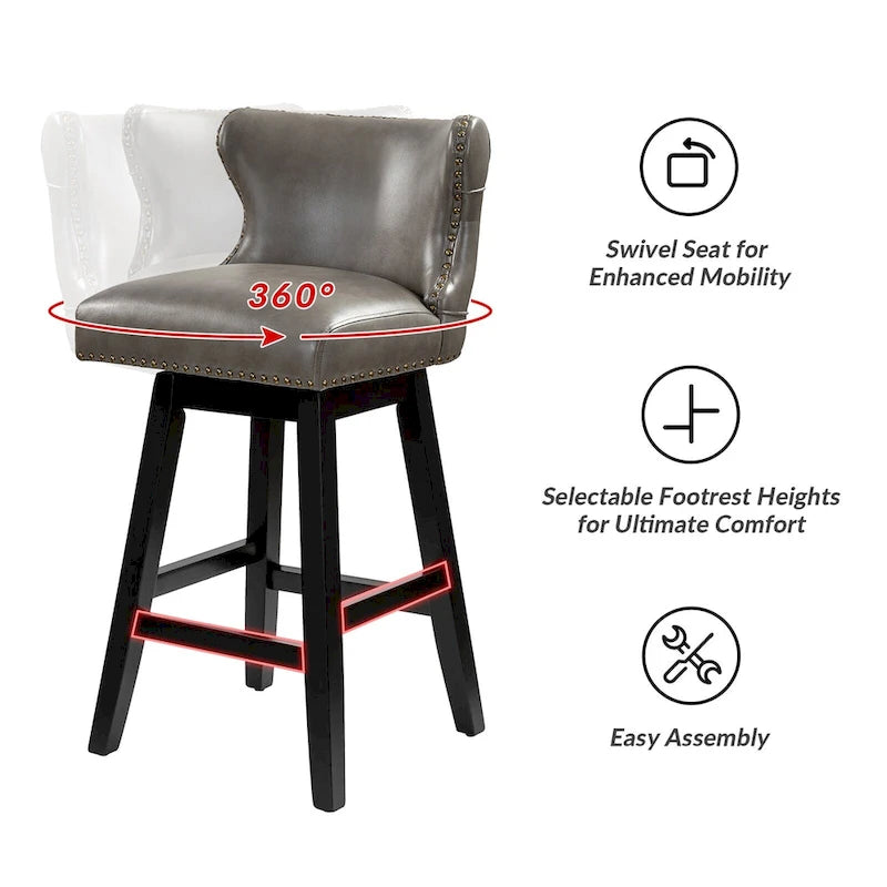 Tabouret de bar pivotant à 360 degrés, capitonné avec garniture cloutée et dossier haut traditionnel