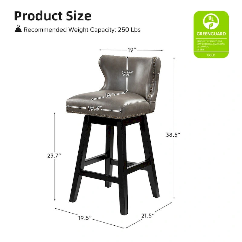 Tabouret de bar pivotant à 360 degrés, capitonné avec garniture cloutée et dossier haut traditionnel