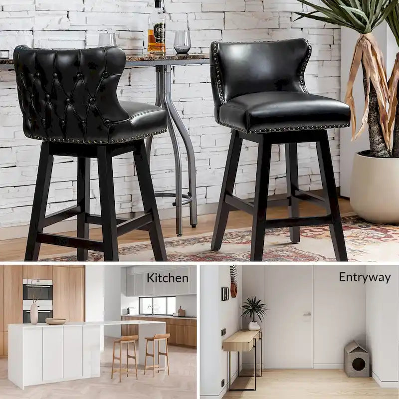 Tabouret de bar pivotant à 360 degrés, capitonné avec garniture cloutée et dossier haut traditionnel