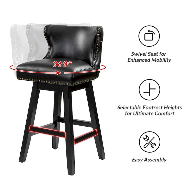 Tabouret de bar pivotant à 360 degrés, capitonné avec garniture cloutée et dossier haut traditionnel