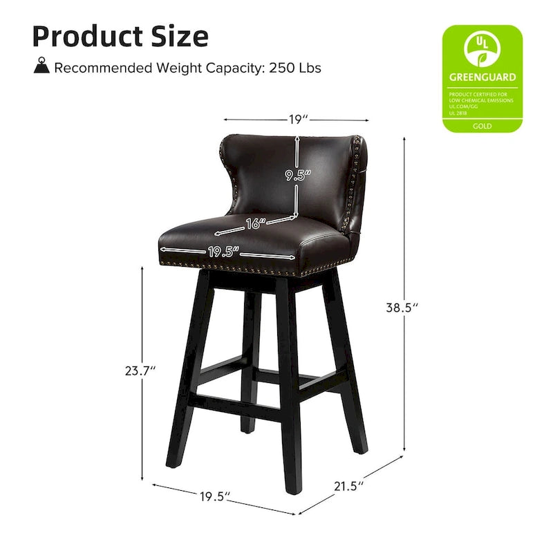 Tabouret de bar pivotant à 360 degrés, capitonné avec garniture cloutée et dossier haut traditionnel