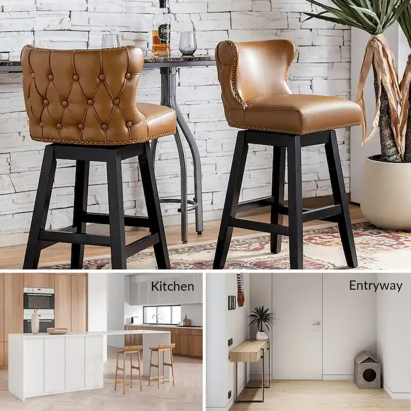 Tabouret de bar pivotant à 360 degrés, capitonné avec garniture cloutée et dossier haut traditionnel