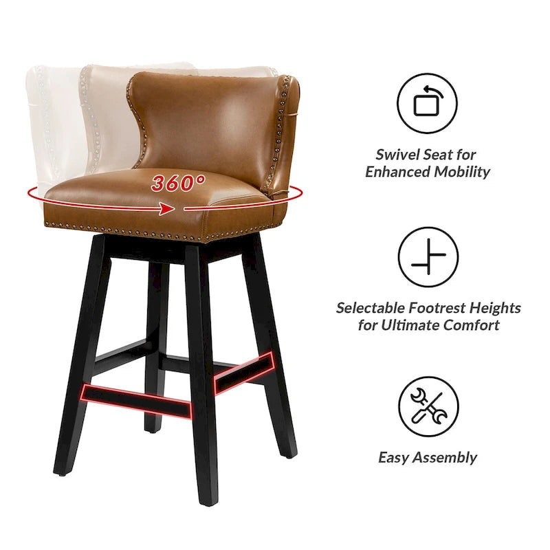 Tabouret de bar pivotant à 360 degrés, capitonné avec garniture cloutée et dossier haut traditionnel