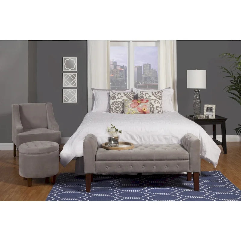 Banc de rangement façon causeuse en velours Arum gris tourterelle