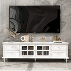 Meuble TV moderne blanc avec portes vitrées et tiroirs, console de divertissement