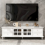 Meuble TV moderne blanc avec portes vitrées et tiroirs, console de divertissement