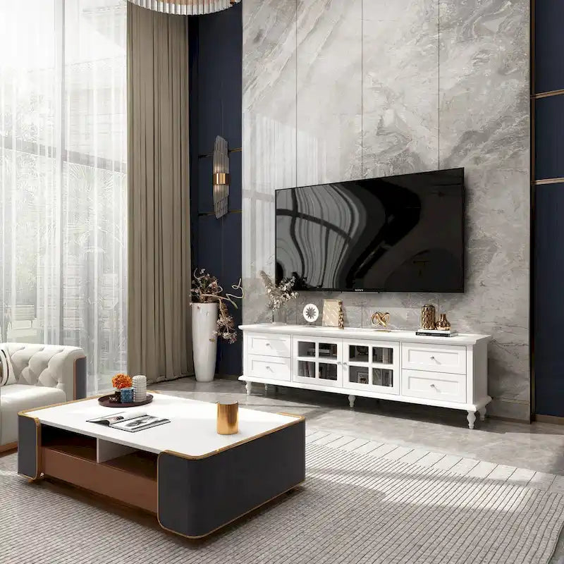 Meuble TV moderne blanc avec portes vitrées et tiroirs, console de divertissement