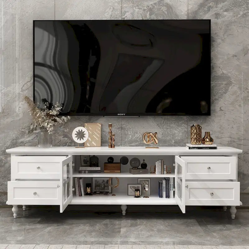 Meuble TV moderne blanc avec portes vitrées et tiroirs, console de divertissement