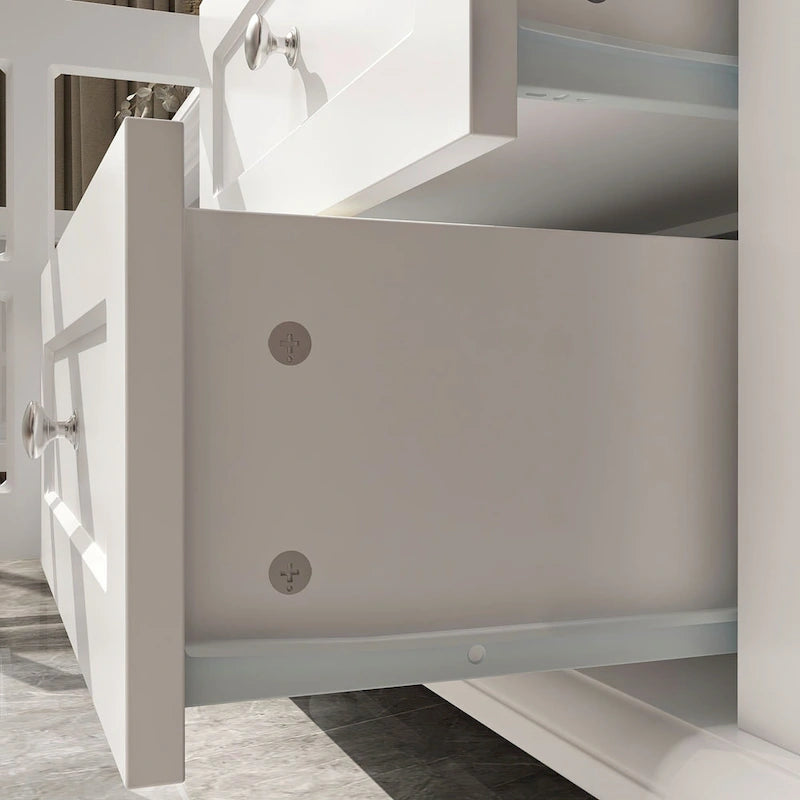Meuble TV moderne blanc avec portes vitrées et tiroirs, console de divertissement