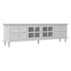 Meuble TV moderne blanc avec portes vitrées et tiroirs, console de divertissement
