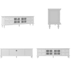 Meuble TV moderne blanc avec portes vitrées et tiroirs, console de divertissement