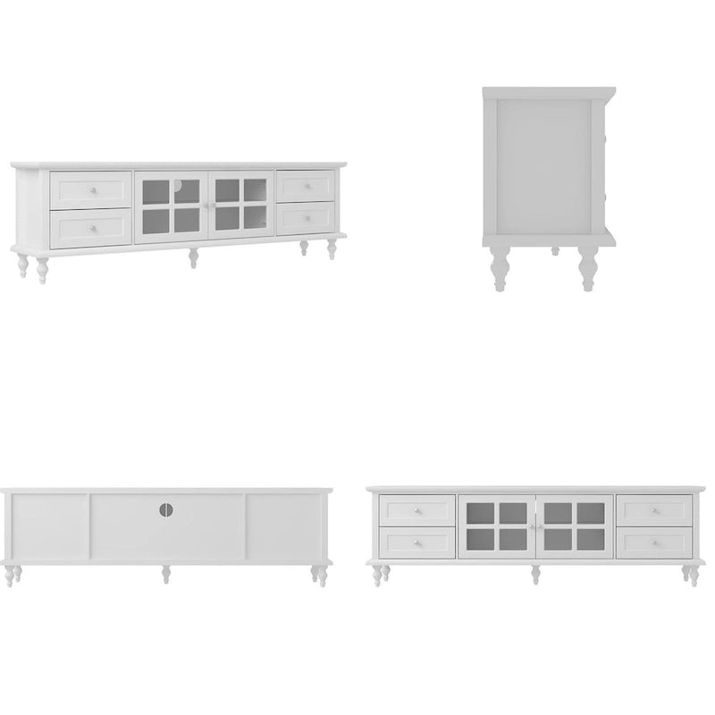 Meuble TV moderne blanc avec portes vitrées et tiroirs, console de divertissement
