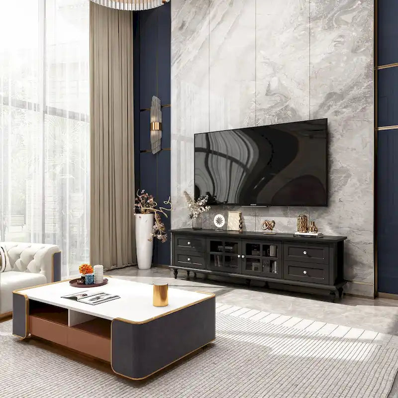 Meuble TV moderne blanc avec portes vitrées et tiroirs, console de divertissement