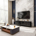Meuble TV moderne blanc avec portes vitrées et tiroirs, console de divertissement
