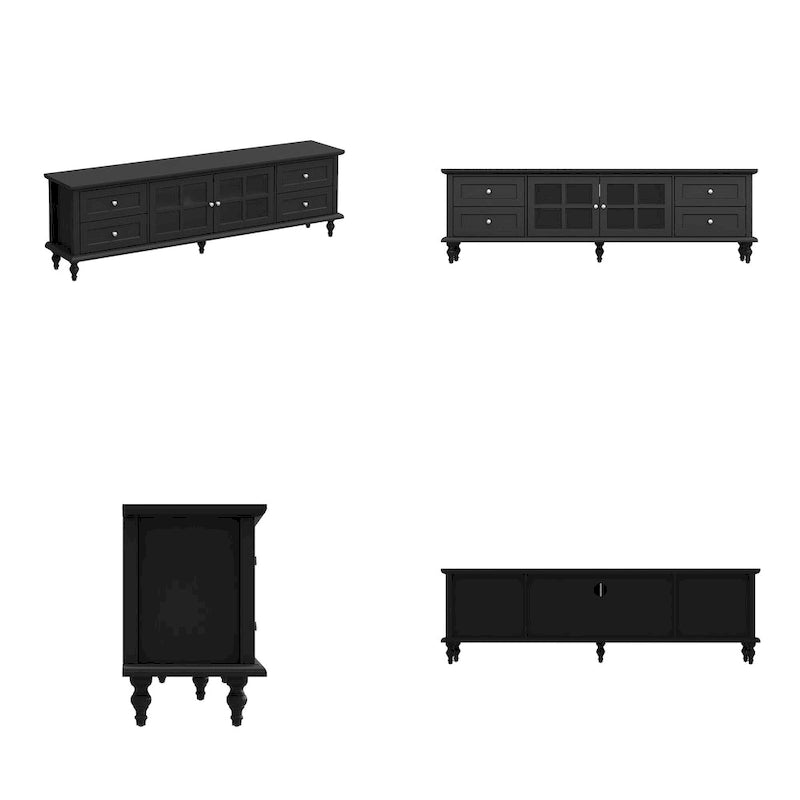 Meuble TV moderne blanc avec portes vitrées et tiroirs, console de divertissement
