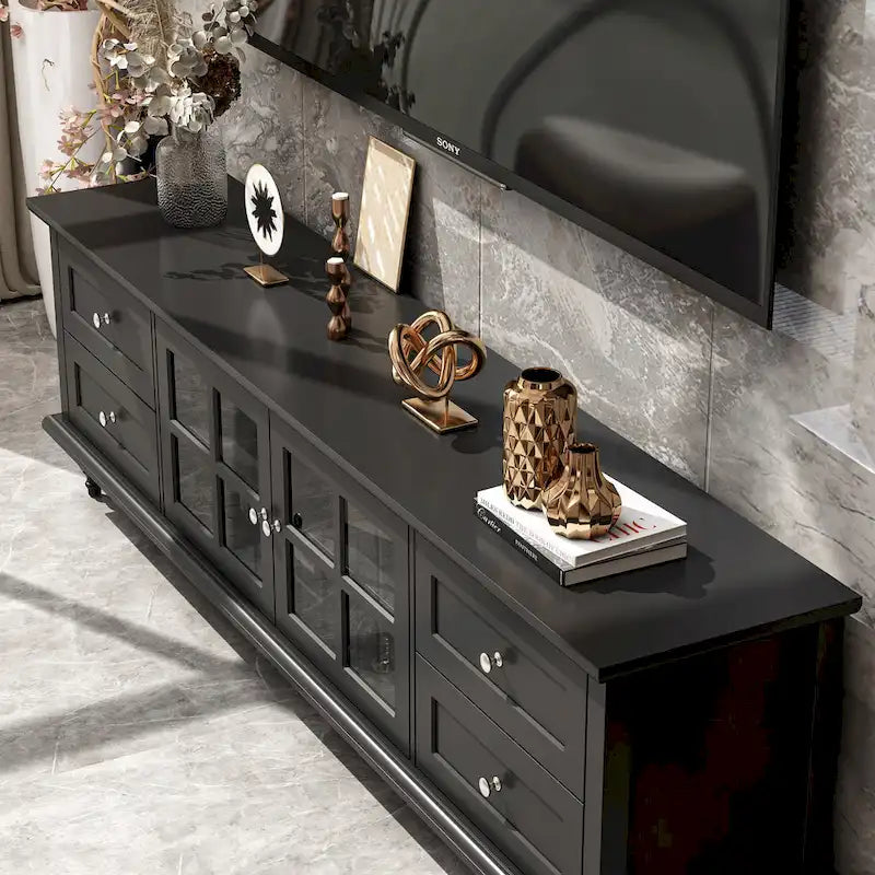 Meuble TV moderne blanc avec portes vitrées et tiroirs, console de divertissement