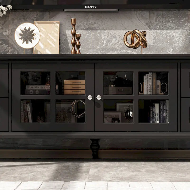 Meuble TV moderne blanc avec portes vitrées et tiroirs, console de divertissement