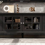 Meuble TV moderne blanc avec portes vitrées et tiroirs, console de divertissement