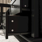 Meuble TV moderne blanc avec portes vitrées et tiroirs, console de divertissement