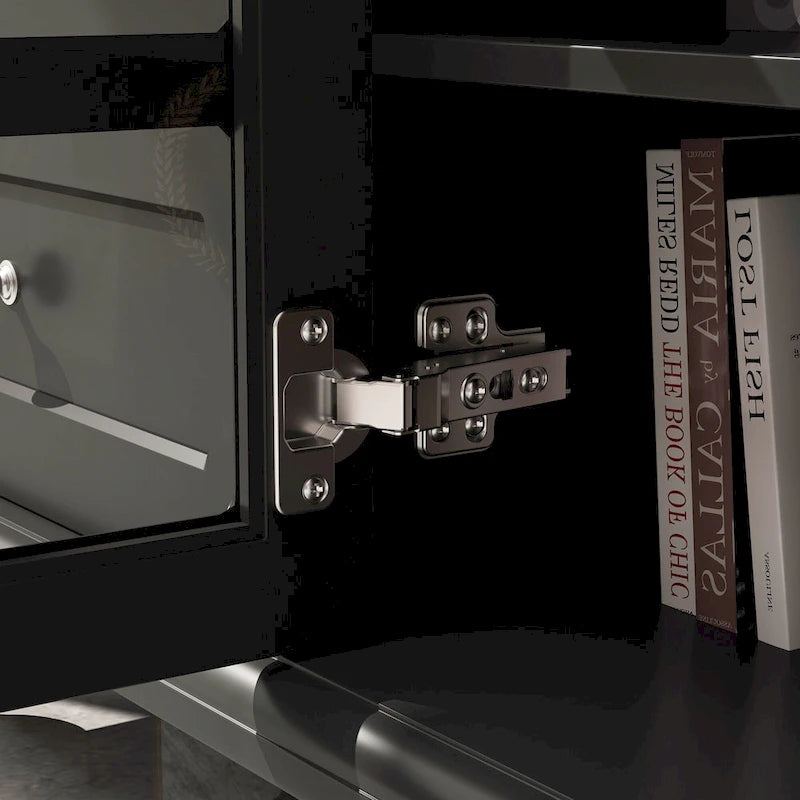 Meuble TV moderne blanc avec portes vitrées et tiroirs, console de divertissement