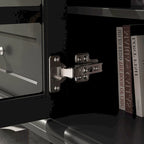 Meuble TV moderne blanc avec portes vitrées et tiroirs, console de divertissement
