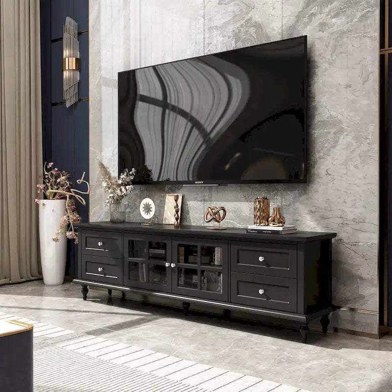 Meuble TV moderne blanc avec portes vitrées et tiroirs, console de divertissement