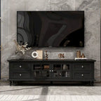 Meuble TV moderne blanc avec portes vitrées et tiroirs, console de divertissement